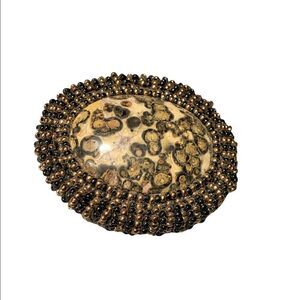 Vintage 1980’s hand crafted leopard agate oval glass beaded bezel brooch